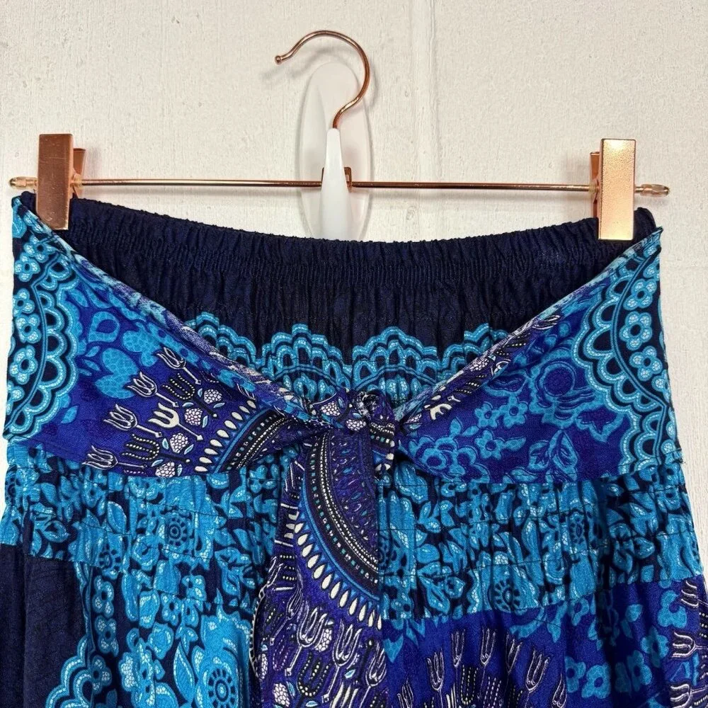Blue Floral Skirt‎ Asymmetric Tie Waist Smocked Whimsigoth Gypsy Fairy Grunge S